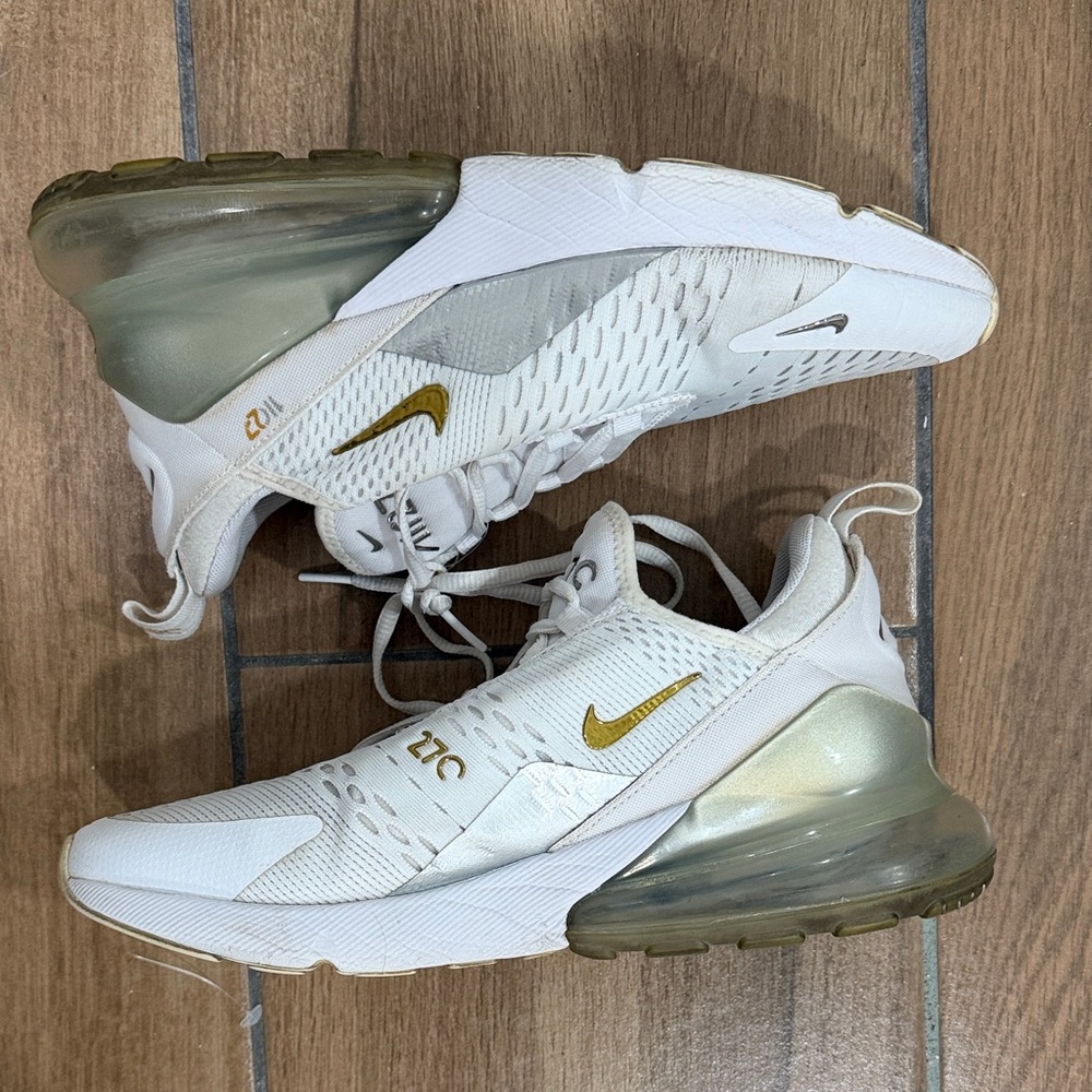 Nike White and Metallic Gold Air Max 270 Sneakers